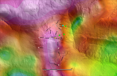 Figure 1. Location of all drill-holes completed at Shot Rock to date. Yellow dots represent approximate position of high-grade intersections from Phase 1; green dots show the location of large intersections of quartz veins and quartz breccias in drill-holes 20SR-11, 12 and 16. The highest grade so far from Phase 2 which assayed 0.593 g/t Au over 1 metres (blue dot) was encountered just above a large vein in drill-hole 20SR-12. (CNW Group/Northern Shield Resources Inc.)