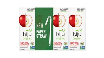 Kiju brand apple-flavoured juices in individual 200 mL sizes with a new bendable paper straw (CNW Group/Lassonde Industries Inc.)