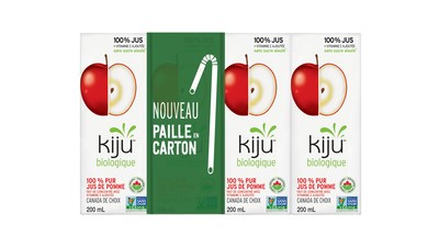 Jus de formats individuels de 200 mL de la marque Kiju  saveur de pomme munis d'une nouvelle paille en carton articule (Groupe CNW/Industries Lassonde inc.)