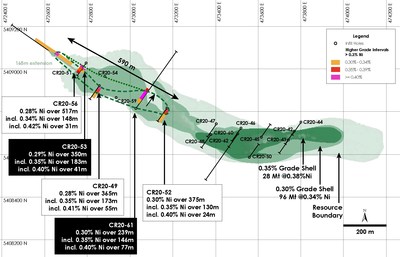 Figure 2 - Plan View of Main Zone Nickel Resource including Newly Defined Higher Grade (>0.35% nickel) Mineralization, Crawford Nickel-Cobalt Sulphide Project, Ontario. (CNW Group/Canada Nickel Company Inc.)