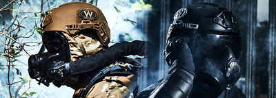 Team Wendy's EXFIL® Ballistic SL helmet with Avon Protection’s FM54 Mask System and CS-PAPR Combination System (left); Team Wendy's EXFIL® Carbon helmet with Avon Protection’s C50 Mask System (right).