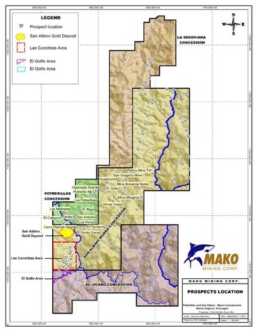 PROSPECT LOCATIONS AND ASSAY RESULTS POTRERILLOS AND SAN ALBINO MURRA 30K (CNW Group/Mako Mining Corp.)