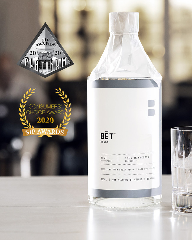 BET VODKA, distilled from Minnesota-grown sugar beets, wins a coveted platinum medal alongside the most prestigious honor - The Consumers' Choice Award - at the 2020 SIP Awards.