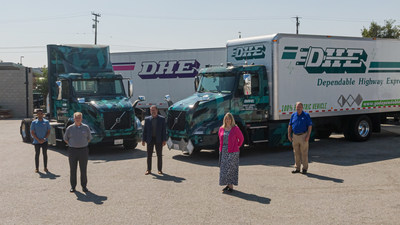 Volvo Trucks North America delivers first Volvo VNR Electric Class 8 trucks to customer Dependable Highway Express. Pictured from left to right: Aravind Kailas, Advanced Technology Policy Director, Volvo Group North America; Troy Musgrave, Director of Process Improvement, Dependable Highway Express; Joe Finney, Chief Operating Officer, Dependable Highway Express; Janice Rutherford, County Supervisor, San Bernardino County and SCAQMD Board Member; Mike Reardon, General Manager, TEC Equipment.