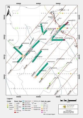 Map 1: Megapozo – Plan map of existing and planned drill holes. (CNW Group/Outcrop Gold Corp.)