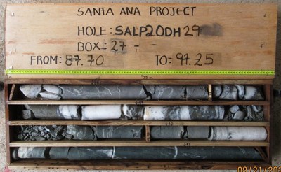 Photo 1: Megapozo drill hole SAMP20DH29 with 2.7 metres of shear zone, with an internal vein of 0.95 metres containing “bonanza” grades of 69.6 g Au/t and 5,550 g Ag/t. (CNW Group/Outcrop Gold Corp.)