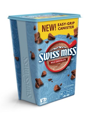 The new Swiss Miss light blue easy-grip container is made of recyclable plastic with a wraparound in-mold label and a space-efficient tapered cube design. The new package design will initially be used for Conagra Brands’ 38-ounce size Swiss Miss Milk Chocolate Hot Cocoa Mix.