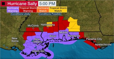 Hurricane Sally is expected to make landfall early Tuesday along the Mississippi Gulf Coast as a strong Category 2 storm with 96 mph winds or greater, but could strengthen even more with dangerous storm surge, winds and flash flooding from torrential rainfall. The slow-moving storm is currently located about 150 southeast of Biloxi - image courtesy of weather.com