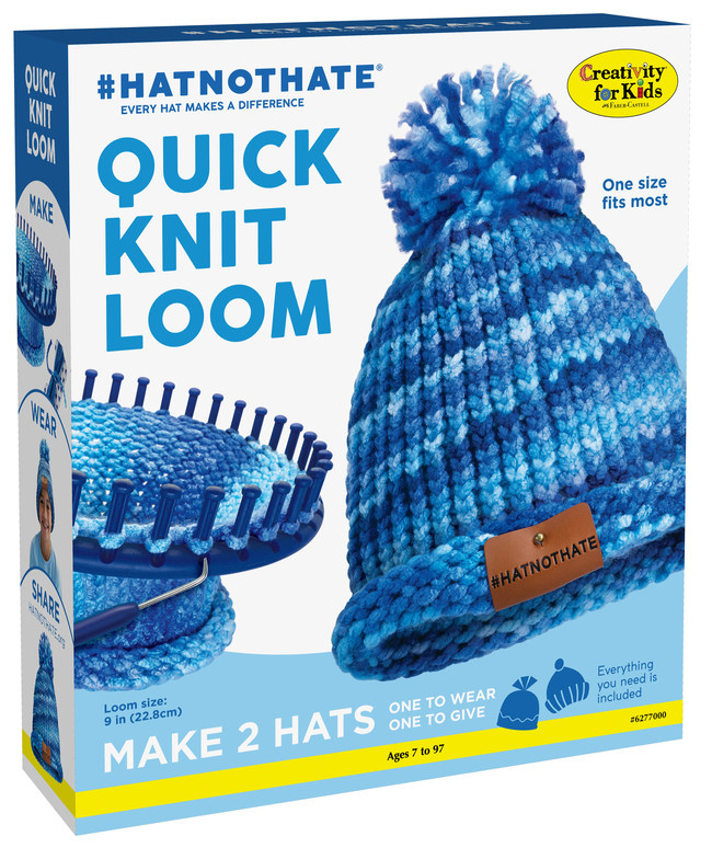 The #HatNotHate Quick Knit Loom kit allows crafters of any skill level to create two EZ-knit blue hats. Blue hats are the key assets of the #HatNotHate campaign.