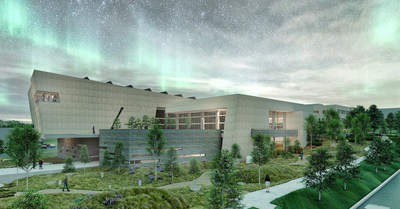 A preview of the renewed Montana Heritage Center at twilight.