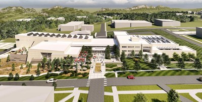 Aerial view rendering of the expanding Montana Heritage Center showcasing the melding of the new and historic structures.