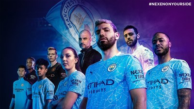 The Manchester City team sporting the official 20-21 kit with Nexen Tire, their official sleeve partner