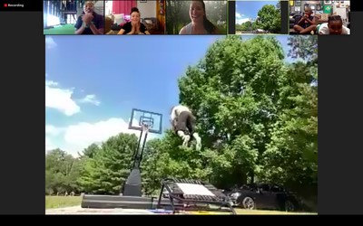 Lucky's driveway dunk show during Fit to Win virtual finale event.