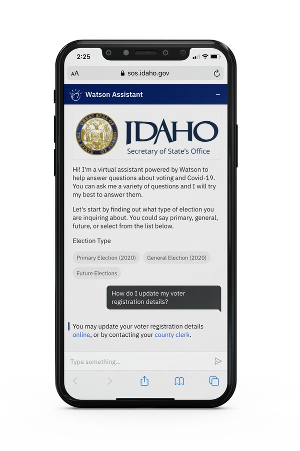 IBM announced it will help states use AI capabilities of Watson to put critical information directly into the hands of voters. Here, IBM Watson Assistant helps communicate registration and absentee ballot procedures to Idaho citizens.