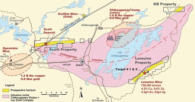 Figure 1 : Carte de localisation des projets de Yorbeau dans le camp minier de Chibougamau, Québec, incluant la propriété Lemoine. (Groupe CNW/Ressources Yorbeau Inc.)