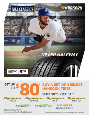 Hankook Tire, the Official Tire of Major League Baseball, announces that its 2020 Fall Classic Rebate will run from September 18 – October 31 and will offer savings of up to $80 via a prepaid Mastercard with the purchase of four tires from select lines, including the brand new all-weather Kinergy 4S2.