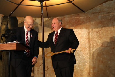 U.S. Senator Pat Roberts of Kansas, chairman of the Eisenhower Memorial Commission, bestows a ceremonial key to Secretary of the U.S. Department of the Interior David Bernhardt at the dedication of the new Dwight D. Eisenhower Memorial. The work of the Commission now complete, the National Park Service assumes responsibility for the operation and maintenance of the newest presidential memorial in Washington, D.C.