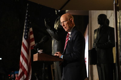 U.S. Senator Pat Roberts of Kansas, chairman of the Eisenhower Memorial Commission, speaks of President Dwight D. Eisenhower as “Kansas’ favorite son” at the dedication of the memorial honoring Ike as President and Supreme Commander of the Allied Expeditionary Force in WWII.