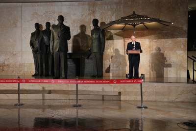 On a rainy evening in Washington, D.C., U.S. Senator Pat Roberts of Kansas delivers the keynote address at the dedication of the new Dwight D. Eisenhower Memorial.