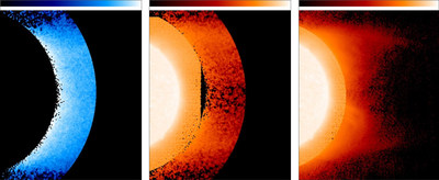A composite image of the Sun showing the hydrogen (left) and helium (center and right) in the low corona. The helium at depletion near the equatorial regions is evident. (Courtesy NASA)