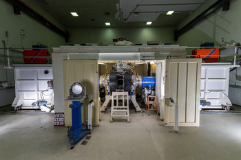 The U.S. Naval Research Laboratory argon fluoride (ArF) laser in Washington, D.C., June 1, 2020 waits to be tested with new thicker stainless foils. Researchers outfitted the ArF laser with new foils in hopes of increasing laser output. The ArF laser is the world’s largest for studying the physics of developing a high efficiency electron-beam pumped at 193 nanometers. (U.S. Navy photo by Jonathan Steffen)