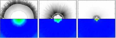 Computer simulation of the impact progression to a deuterium-tritium pellet as a record-setting argon fluoride laser developed at the U.S. Naval Research Laboratory hits it.  The top half of the graphic shows the reduction of the pellet size and the lower half shows the increase in temperature (red color equates to higher temperature). The simulation indicated that 109 times the incident laser energy is produced by the thermonuclear burn of the deuterium tritium fuel, enough energy gain for a po