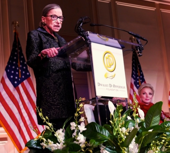 Justice Ruth Bader Ginsburg delivers her remarks at the inaugural RBG Award ceremony on February 14, 2020 at the Library of Congress with Julie Opperman.