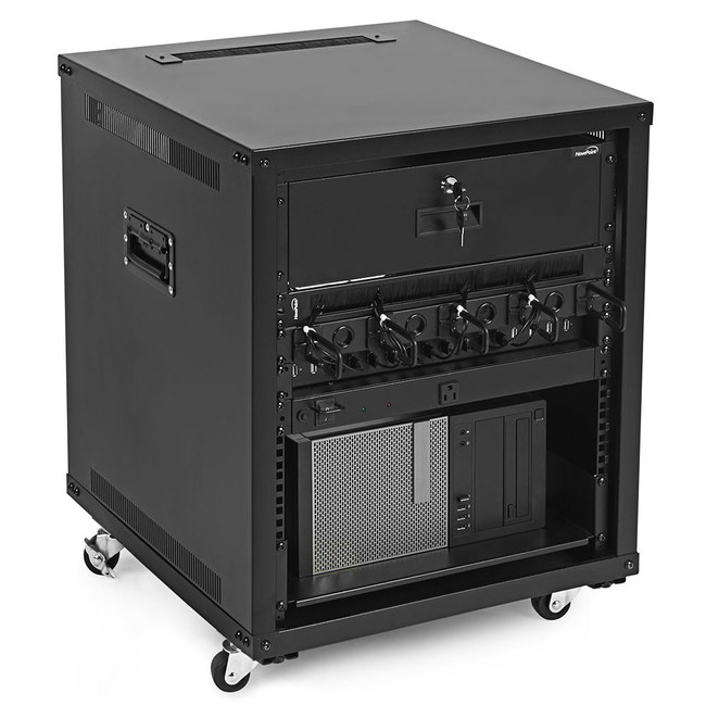 NavePoint Introduces 9U, 12U and 15U Portable Rolling Network Racks for Maximum Portability of Servers, Network, Telecom and A/V Equipment. The functional design allows maximum portability with swiveling casters, that can be locked when the unit is in place, and built-in side handles that are conveniently located towards the top of the rack for easy transport when needed.