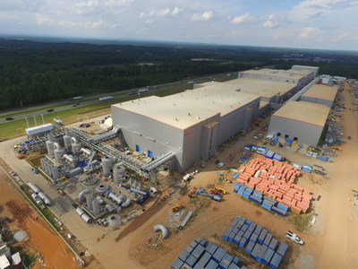 An aerial shot from earlier this year of the SK Battery America site in Commerce, Ga., shows construction progress at the facilities. SK Innovation is building two plants at the Georgia site to make batteries for electric vehicles.