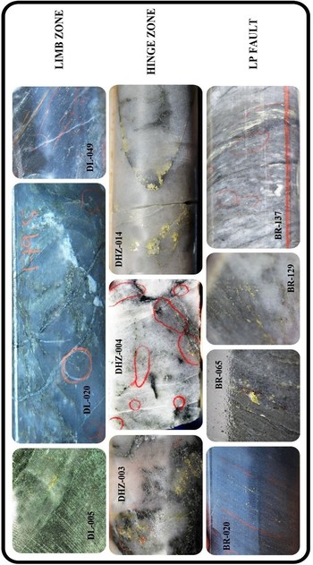Figure 1: Examples of free gold in drill core from the Dixie Limb, Hinge and LP Fault zones. This is the dominant format of gold mineralization within these gold zones. Images are of selected core intervals and do not represent all of the gold mineralization at Dixie. (CNW Group/Great Bear Resources Ltd.)