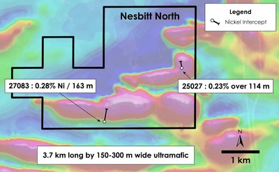 Figure 4 – Plan view of Nesbitt North Property – Historical drilling overlain on total field magnetic intensity, Nesbitt Township, Ontario. (CNW Group/Canada Nickel Company Inc.)