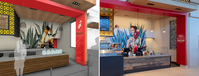 Branding the build out: For the first food court location for food truck sensation Tacos El Grullense, WDA used a pop of color and art by Twin Walls Mural Company to make an inexpensive, yet impactful, visual statement. WDA's SPRINT offerings can include renderings such as the one on the left, a visual tool that helps facilitate the client's decision-making. Photo: ©Eric Rorer