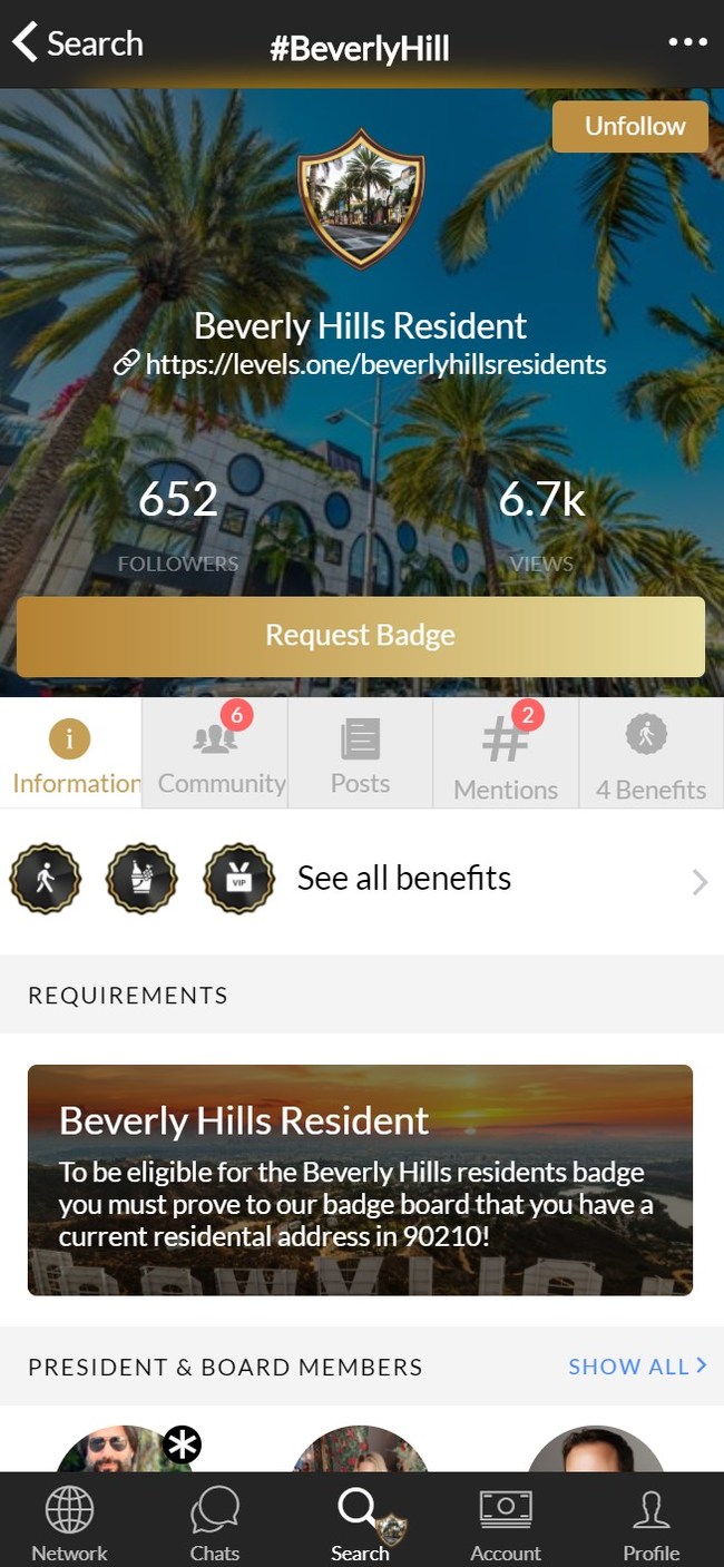 In-App view of the Beverly Hills Residents Badge