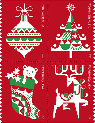 Holiday Delights Stamps, a prancing reindeer with antlers; an ornament tied with a bow and ready to hang; a tree topped with a star; and a stocking holding a teddy bear and a sprig of holly.