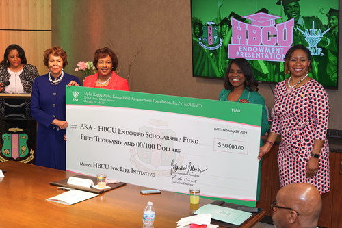 AKA International President and Chief Executive Officer, Dr. Glenda Glover (second from right) is joined by (l-r) former Bennett College President Dr. Phyllis Worthy Dawkins,  Jennifer King Congleton, AKA Mid Atlantic Regional Director and Erika Everett, Executive Director, Education Advancement Foundation at Alpha Kappa Alpha International Headquarters in Chicago for grant presentations to 32 HBCUs during Black History Month in 2019.
