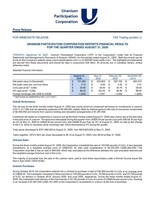 Uranium Participation Corporation Reports Financial Results for the Quarter Ended August 31, 2020