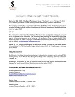 ShaMaran Atrush August Payment Received (CNW Group/ShaMaran Petroleum Corp.)