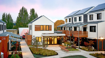 Tillamook Row is a 16-unit zero energy community in Portland, Oregon, designed and built by Green Hammer. Photo by Bill Purcell