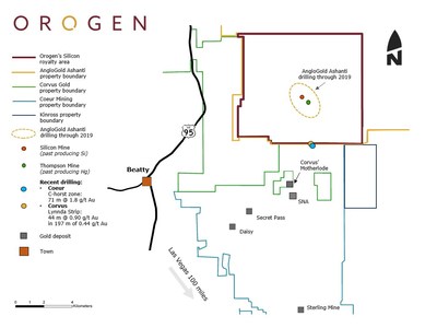 Figure 1: Map of claim holdings in the Bare Mountain District, Nye County, Nevada, showing the location of AngloGold’s Silicon Project, Coeur Mining’s C-Horst discovery (light blue circle) and Corvus Gold’s Lynnda Strip drilling result (yellow circle). (CNW Group/Orogen Royalties Inc.)
