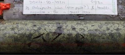 Figure 4? Mineralized core from DDH20-SD-457M showing high-grade replacement style mineralization. (CNW Group/Sun Metals)