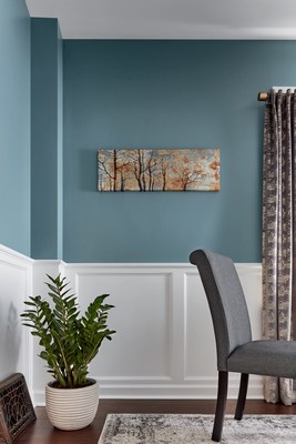 Academy Gray – Contemplative Depth, Moody Comfort. A deep blueish gray that promotes the importance of time spent at leisure, allowing us to unwind and relax. Design tip: Wainscoting lends architectural charm to spaces with luxurious color. * Lowe’s: 5001-2A Academy Gray, * Independent retailers: V138-5 Flannel Gray