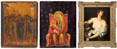 From left to right: Cimabue, Le Christ moqu ?  Le Matre de Vyssi Brod, La Vierge et l'Enfant en trne - Artemisia Gentileschi, Lucrce. Three major Old Master paintings sold at auction in France in 2019, appraised by Cabinet Turquin