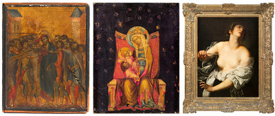 From left to right: Cimabue, Le Christ moqué –  Le Maître de Vyssi Brod, La Vierge et l'Enfant en trône - Artemisia Gentileschi, Lucrèce. Three major Old Master paintings sold at auction in France in 2019, appraised by Cabinet Turquin (PRNewsfoto/Artmarket.com)