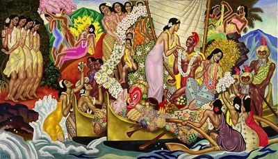 'Aloha...The Universal Word.' Artist: Eugene Savage. Matson Lines Menu Cover, 1937.