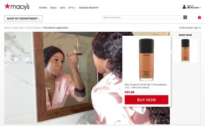 An ambassador selling beauty products from her apartment with shoppable video on Macys.com, powered by TVPage