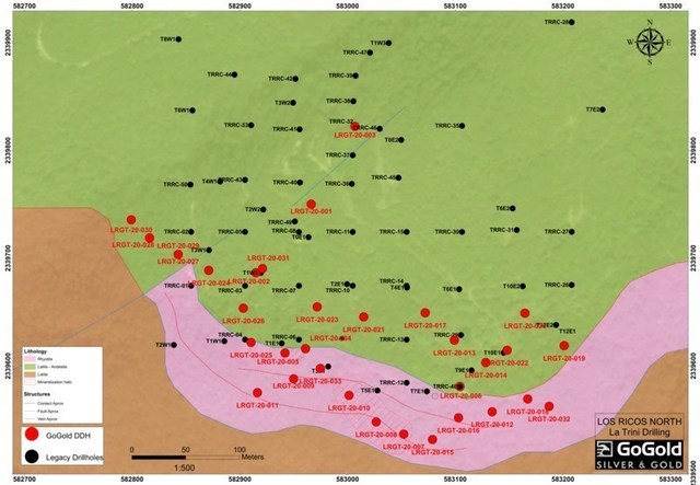 A drill plan map of the La Trini drill holes showing basic geology and the outcrop of the mineralized zone (CNW Group/GoGold Resources Inc.)