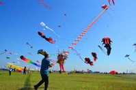 Players fly various creative kites at Weifang Binhai Economic and Technological Development Zone on September 26