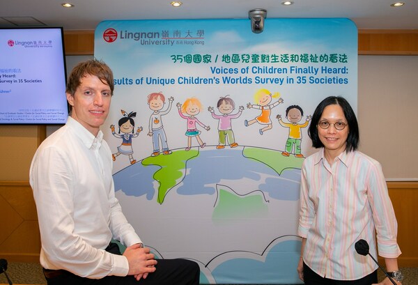 Prof Maggie Lau Ka-wai, Acting Director of the Centre for Social Policy and Social Change of Lingnan University (right), and Prof Stefan Kühner, Associate Professor of Department of Sociology and Social Policy of Lingnan University (left) conduct a survey to collect children’s opinions on well-being. Copyright: Lingnan University (PRNewsfoto/Lingnan University (LU))