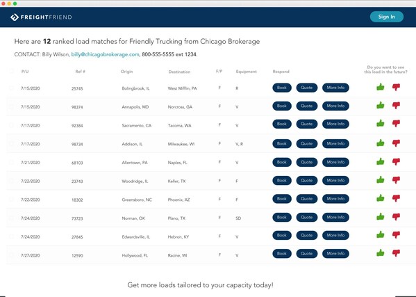 Freight Guru's userless matches page allows shippers and brokers to auto-communicate targeted, ranked freight matches to carriers that are not on the FreightFriend platform. Carriers can provide feedback, quote, or book-it-now.