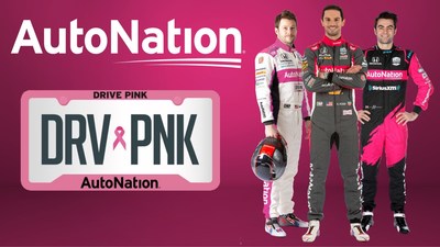 AutoNation Sponsored NTT INDYCAR® SERIES Drivers Show Support during Breast Cancer Awareness Month. Pictured from left to right: Marco Andretti, No. 98 AutoNation Honda Driver and two-time NTT INDYCAR® SERIES race winner, Alexander Rossi, No. 27 AutoNation/ NAPA AUTO PARTS Honda Driver and 2016 INDIANAPOLIS 500® Winner and Jack Harvey, No. 60 AutoNation/ SiriusXM Honda Driver and podium finisher in the 2019 INDYCAR® Grand Prix at Indianapolis Motor Speedway.